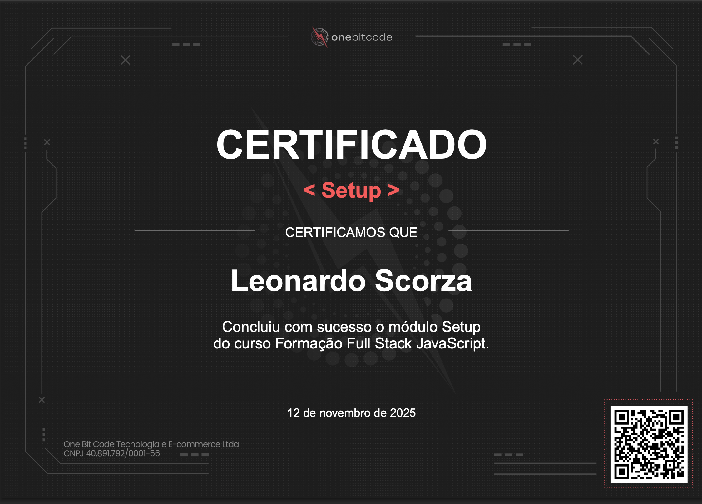 Exemplo de certificado da formação Fullstack JavaScript