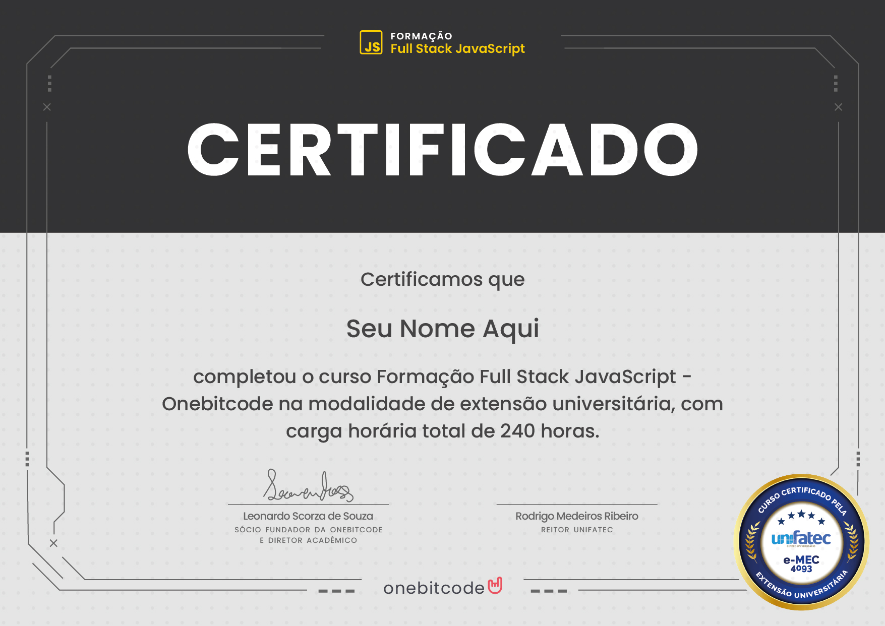 Modelo do certificado universit&aacute;rio da Forma&ccedil;&atilde;o Full Stack JavaScript
