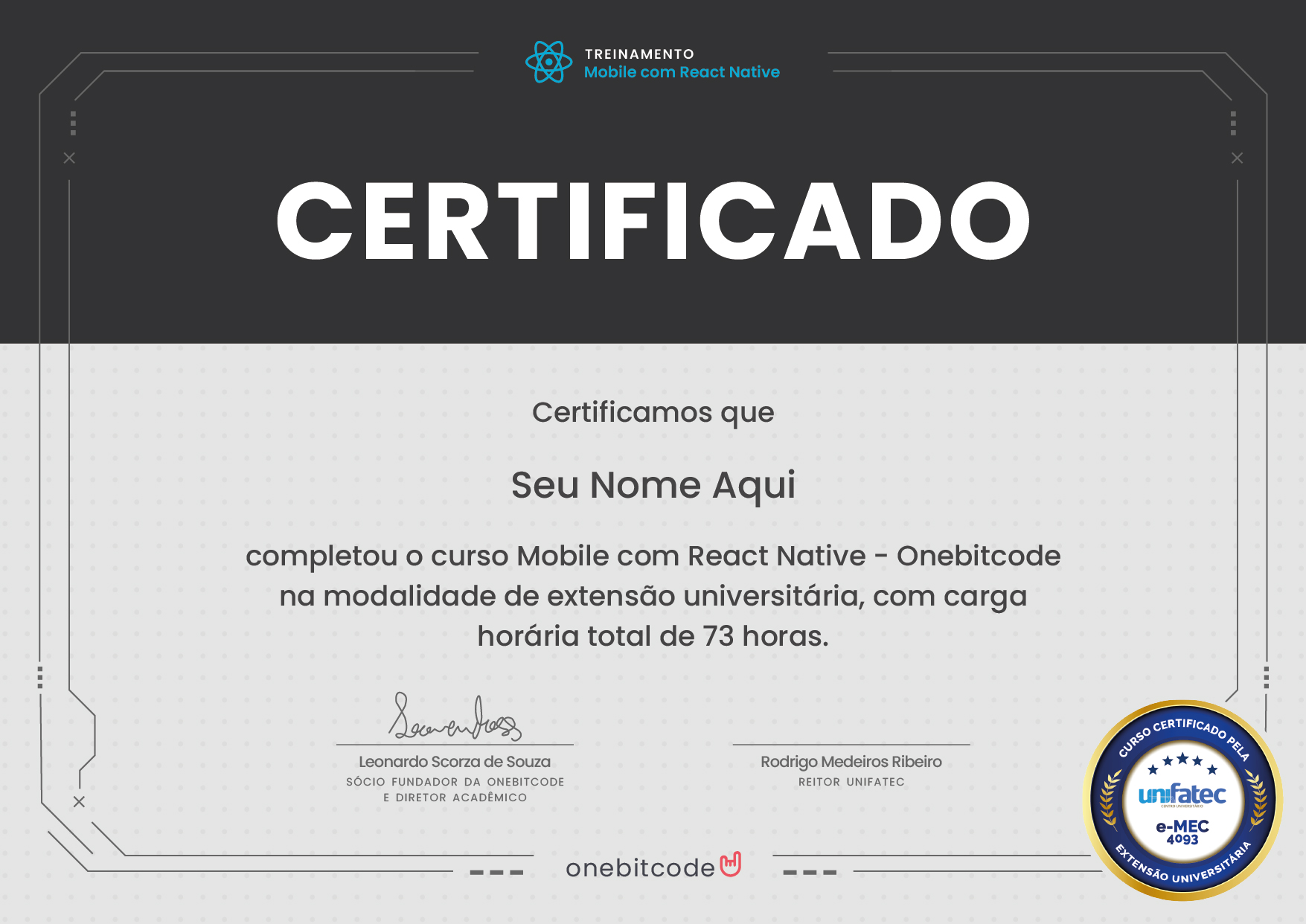 Modelo do certificado universit&aacute;rio do Treinamento Mobile com React Native