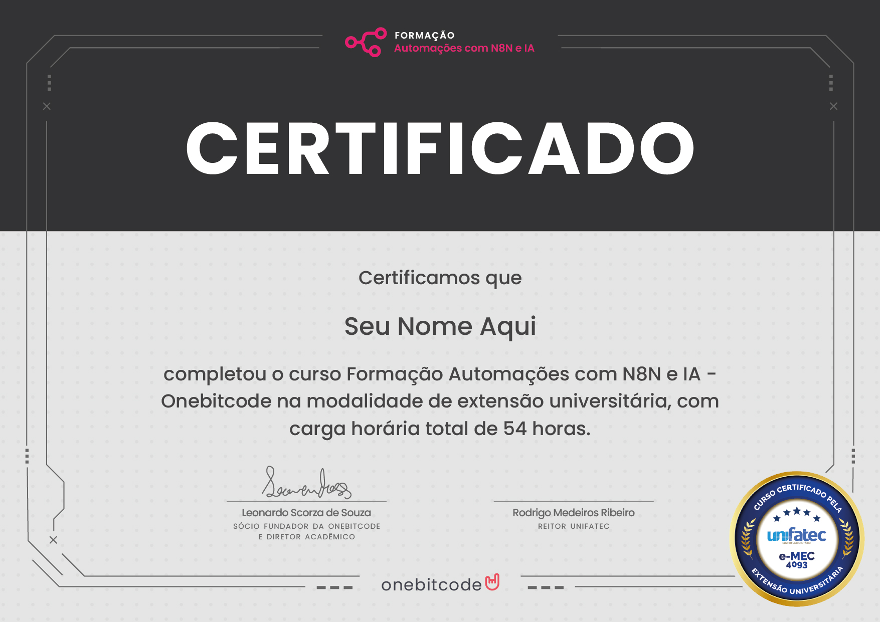 Modelo do certificado universit&aacute;rio da Forma&ccedil;&atilde;o Automa&ccedil;&otilde;es com N8N e IA