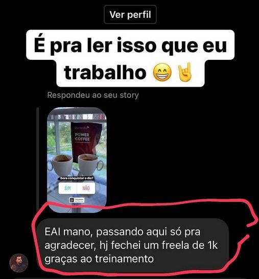 Mensagem de aluno contando que fechou um freela de mil reais